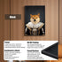 Custom Renaissance Shiba Inu pet portrait canvas painting in a black frame with clear acrylic panel, featuring HD UV printing for wall or tabletop display.