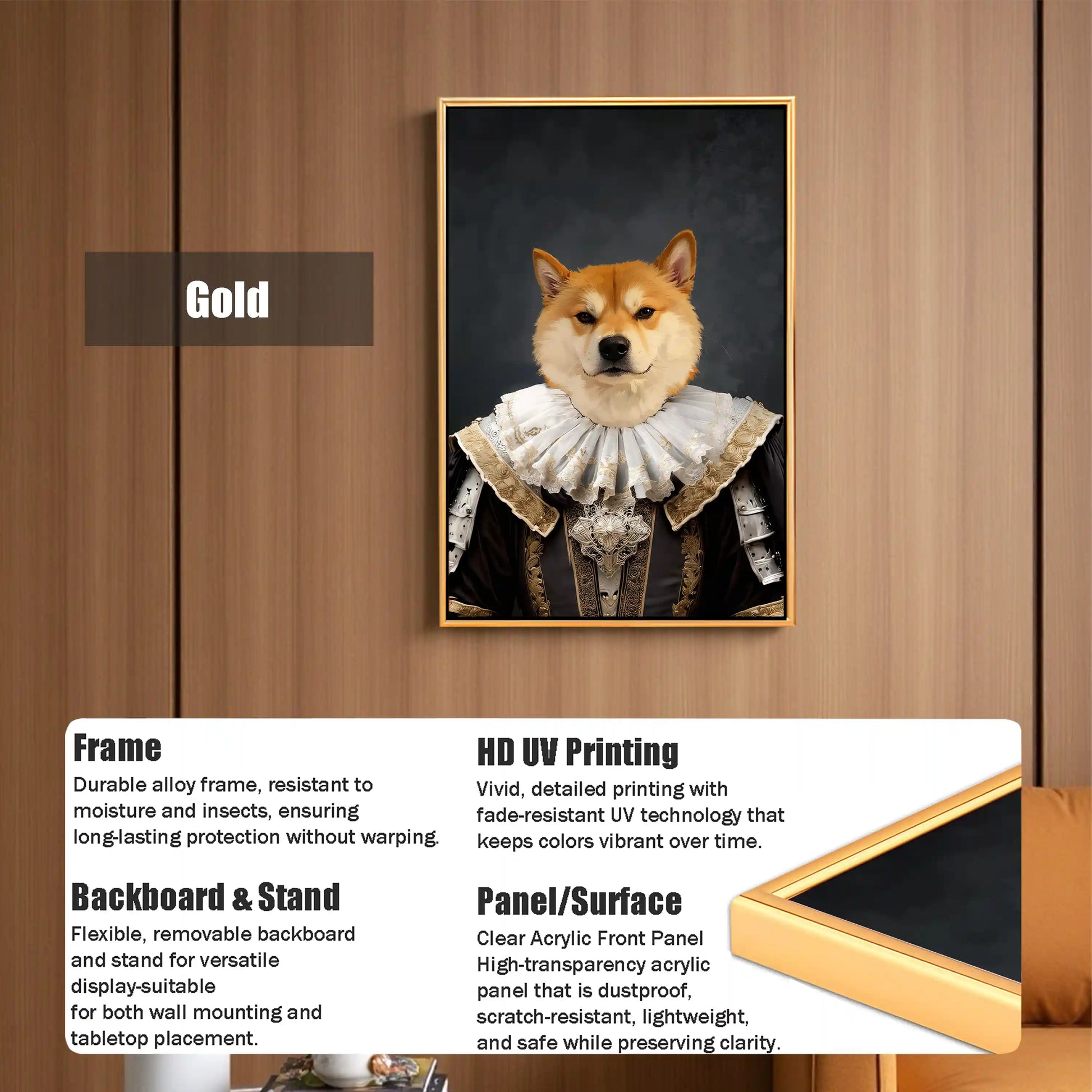 Custom Shiba Inu dog portrait in renaissance noble attire with a gold frame, featuring HD UV printing for vibrant colors and versatile wall or tabletop display.