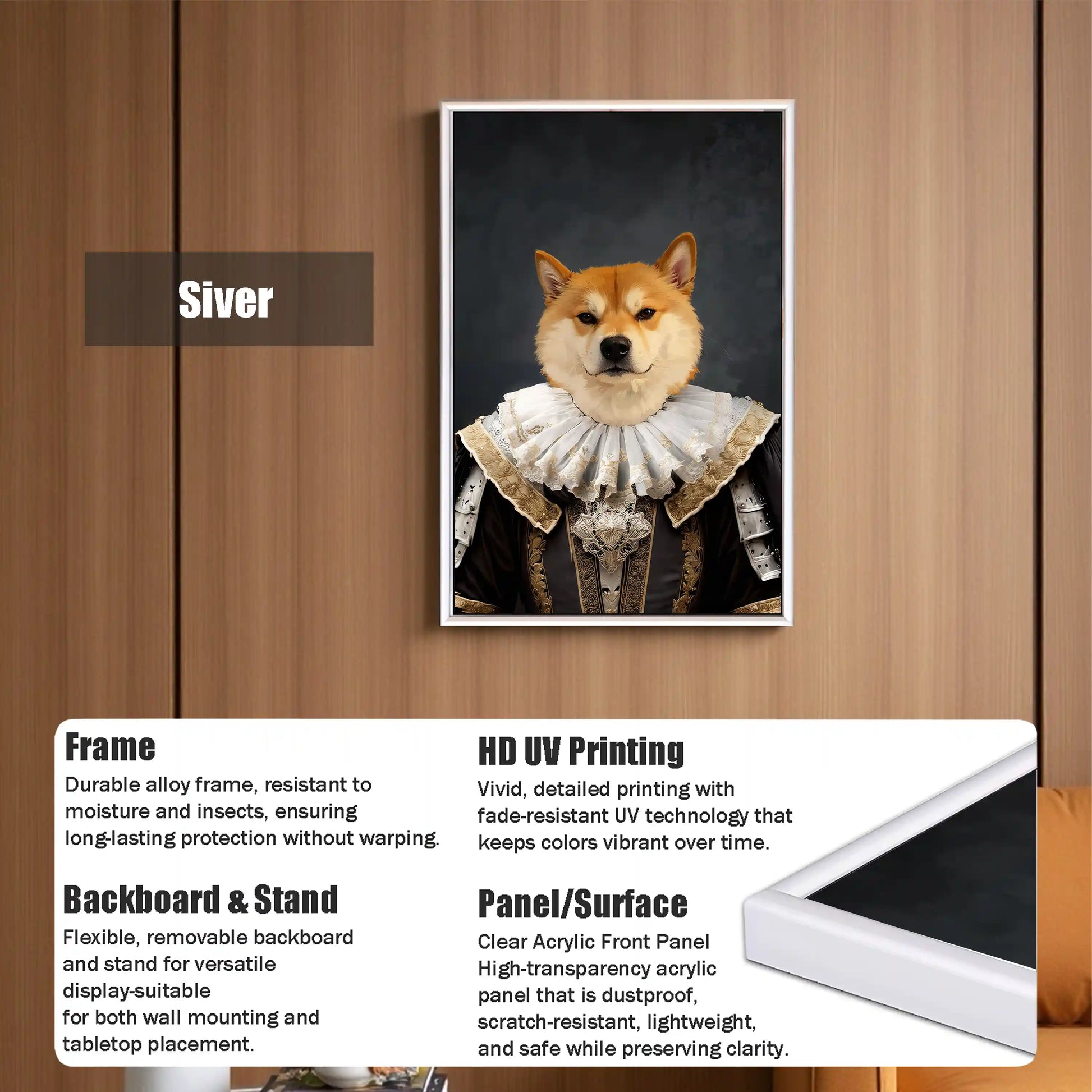 Custom Renaissance pet portrait canvas print of a Shiba Inu dog in royal king costume, white frame. Personalized digital art.