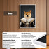 Custom Renaissance pet portrait canvas print of a Shiba Inu dog in royal king costume, white frame. Personalized digital art.