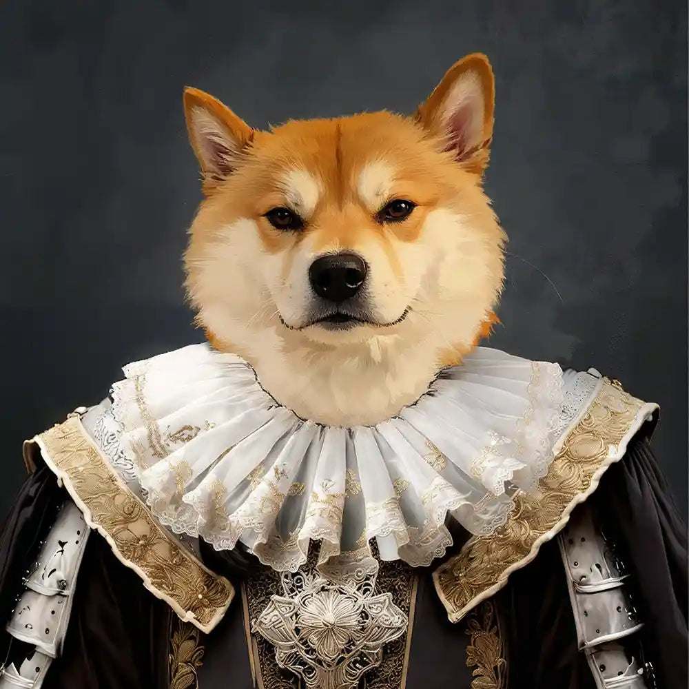 Shiba Inu dog royal Renaissance portrait art print, featuring a ruff collar and ornate regal costume.