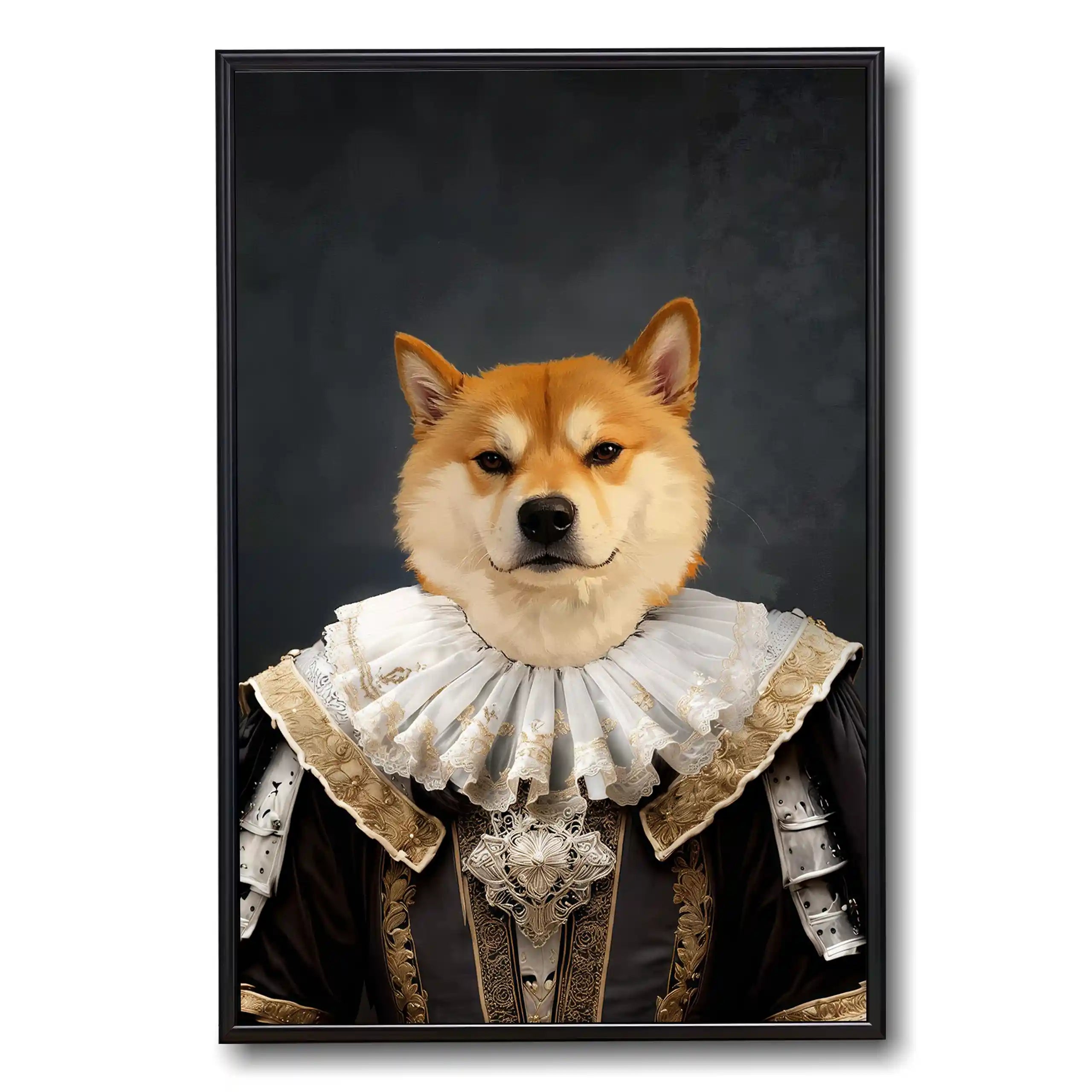 Framed Shiba Inu dog royal portrait painting in elaborate Renaissance costume with ruffled collar.