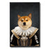 Framed Shiba Inu dog royal portrait painting in elaborate Renaissance costume with ruffled collar.