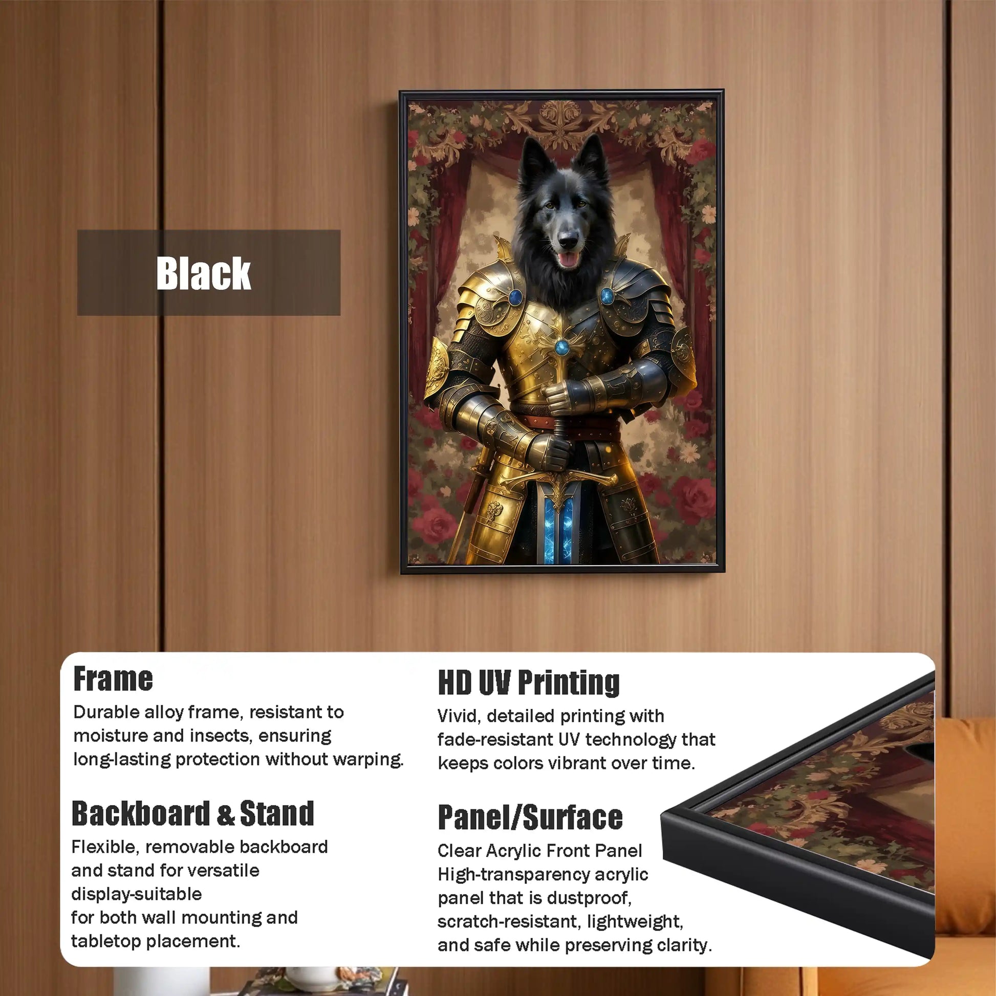 Modern wall art with black frame featuring a Belgian Shepherd dog in golden knight armor, printed with vivid UV technology.