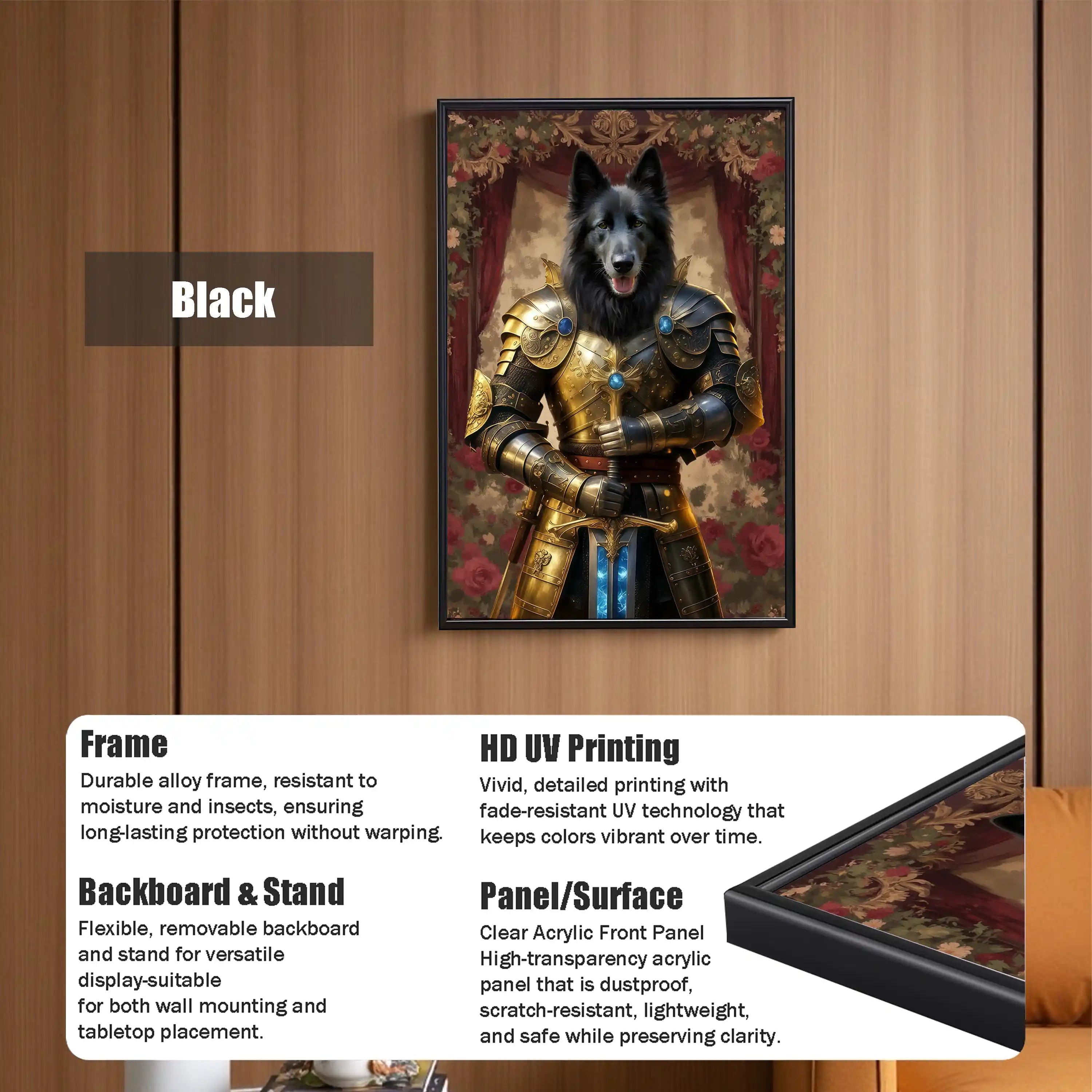 Modern wall art with black frame featuring a Belgian Shepherd dog in golden knight armor, printed with vivid UV technology.