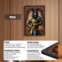 Modern wall art with black frame featuring a Belgian Shepherd dog in golden knight armor, printed with vivid UV technology.