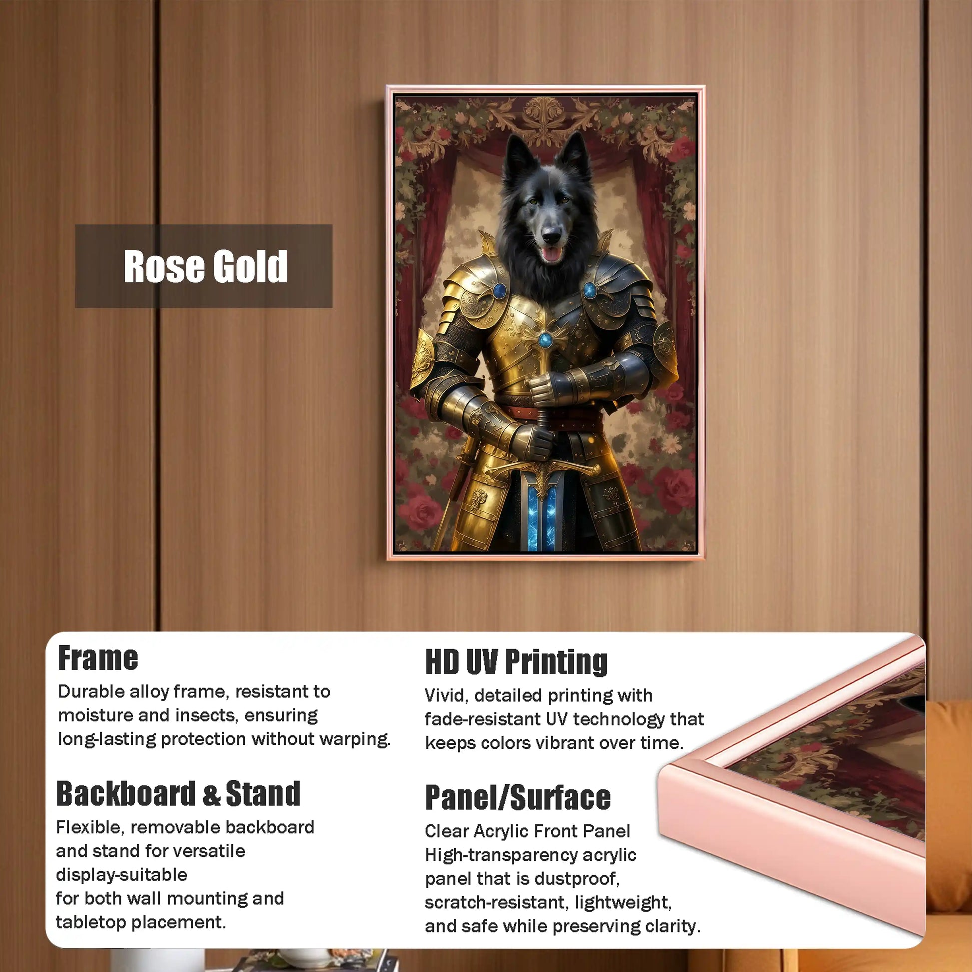 {{ $('Get a product').item.json.title }} featuring a black dog knight in golden and black armor holding a sword. This framed art has a rose gold durable alloy frame, HD UV printing, a clear acrylic front panel, and a versatile backboard with stand for wall mounting or tabletop display.
