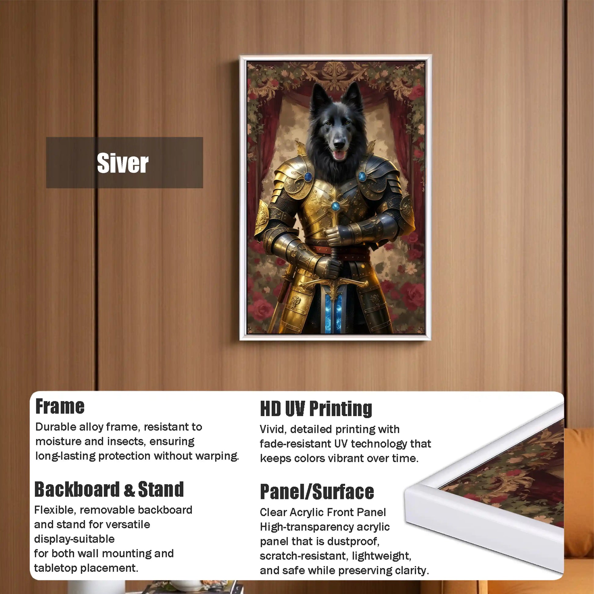 Siver framed art print featuring a black dog in golden knight armor holding a sword, with HD UV printing, durable white alloy frame, clear acrylic panel, and stand for versatile wall or tabletop display.