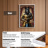 Siver framed art print featuring a black dog in golden knight armor holding a sword, with HD UV printing, durable white alloy frame, clear acrylic panel, and stand for versatile wall or tabletop display.