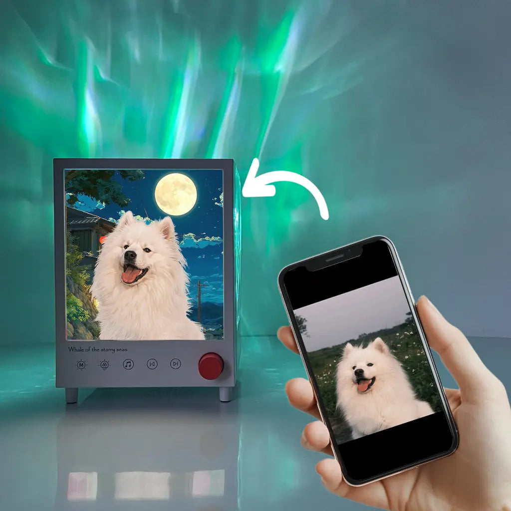 Personalized pet portrait night lamp with northern light glow