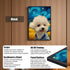 Framed custom pet portrait of white dog, Starry Night background. Personalized dog painting, pet wall art gift.