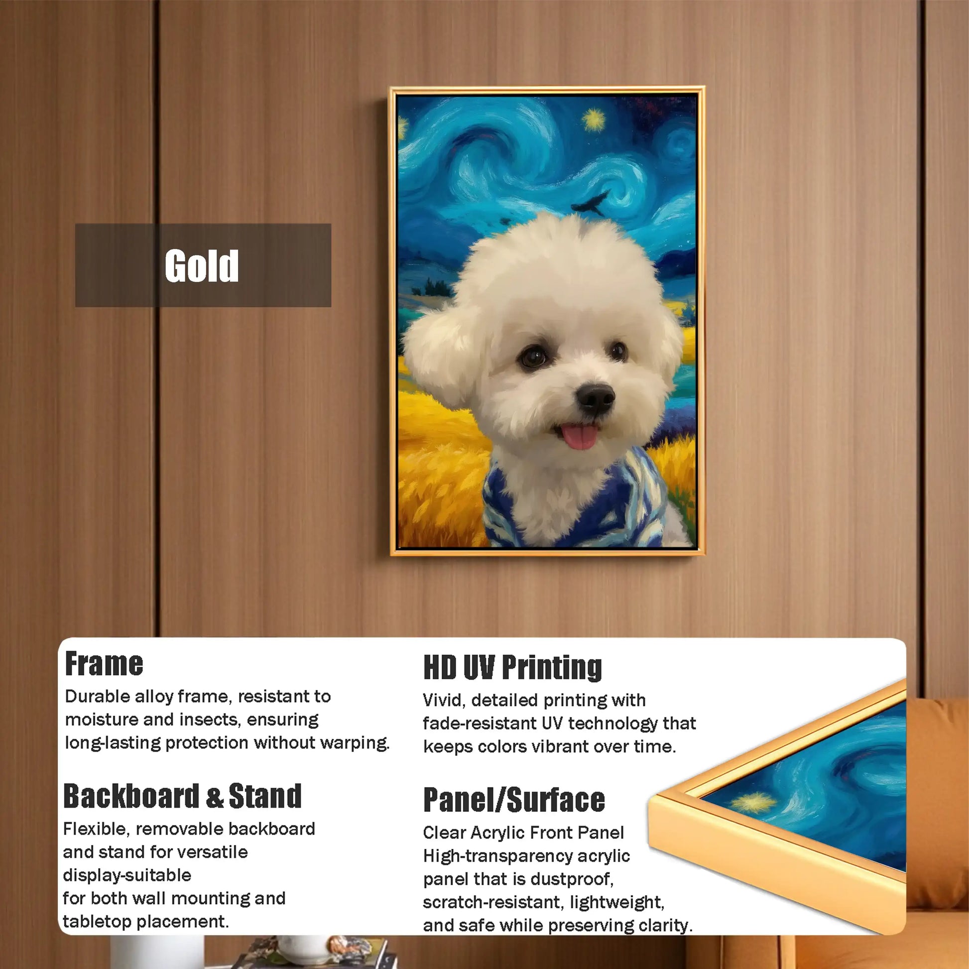 Custom Van Gogh style pet portrait of a dog in a gold frame. Personalized pet painting, unique pet wall art gift.