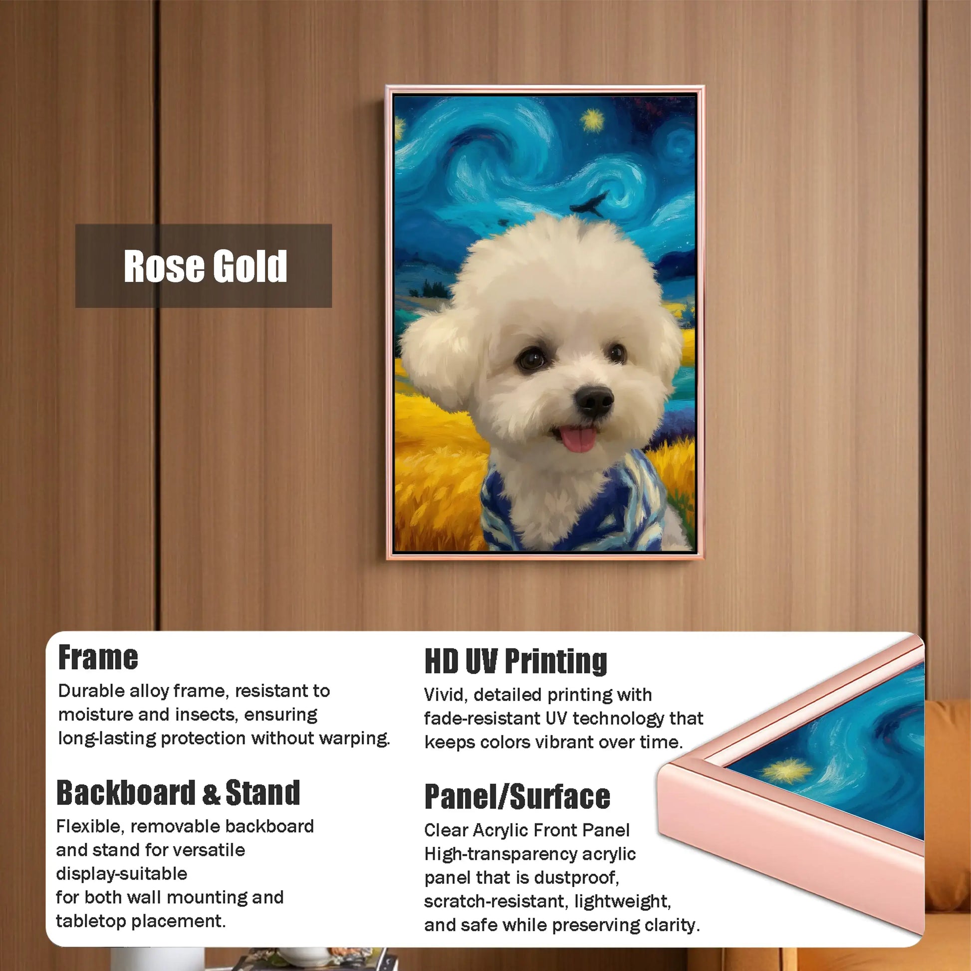 Custom pet portrait, personalized Bichon Frise dog painting, Starry Night pet wall art gift, rose gold frame.