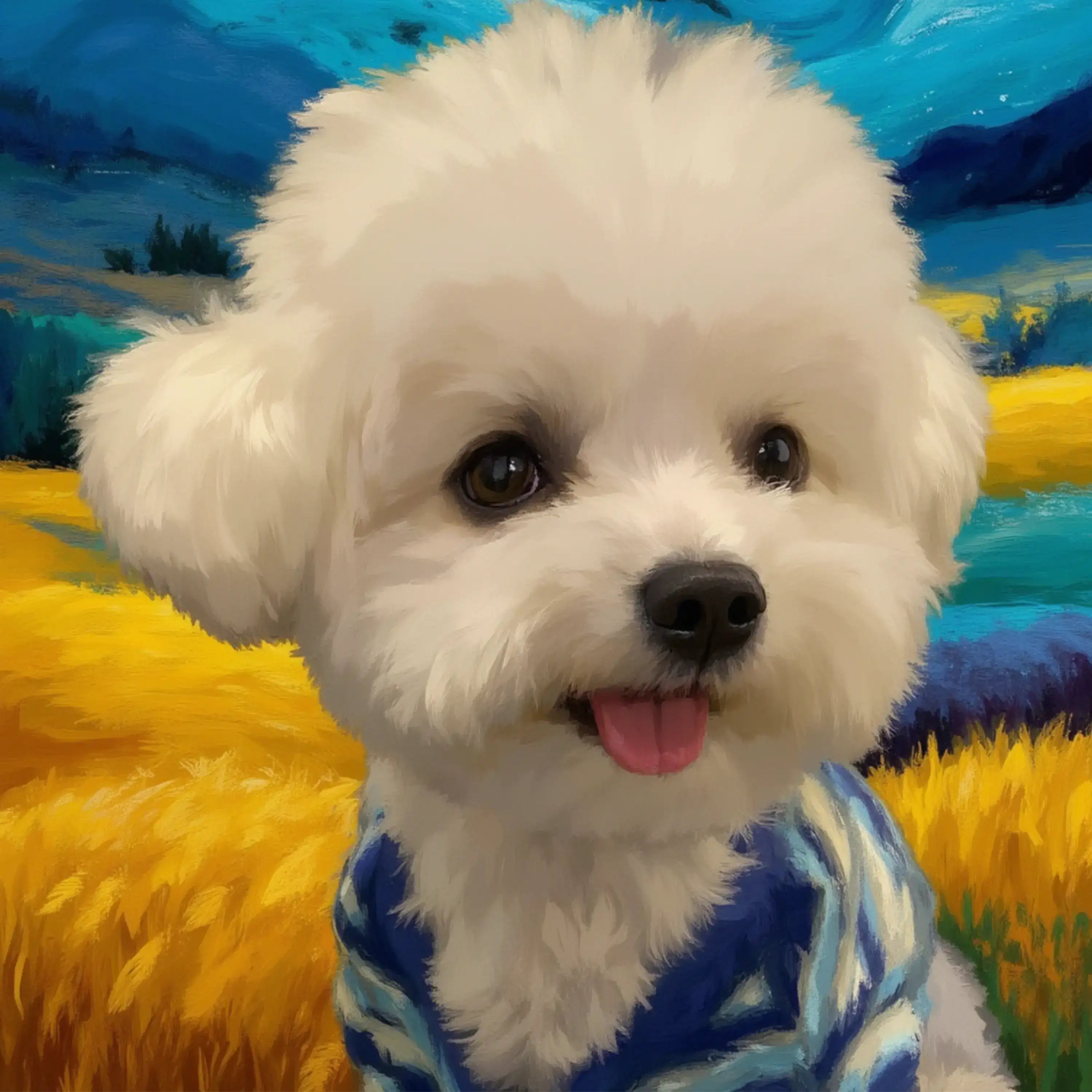 Painterly custom pet portrait of a fluffy white dog, personalized dog painting, perfect pet wall art gift.
