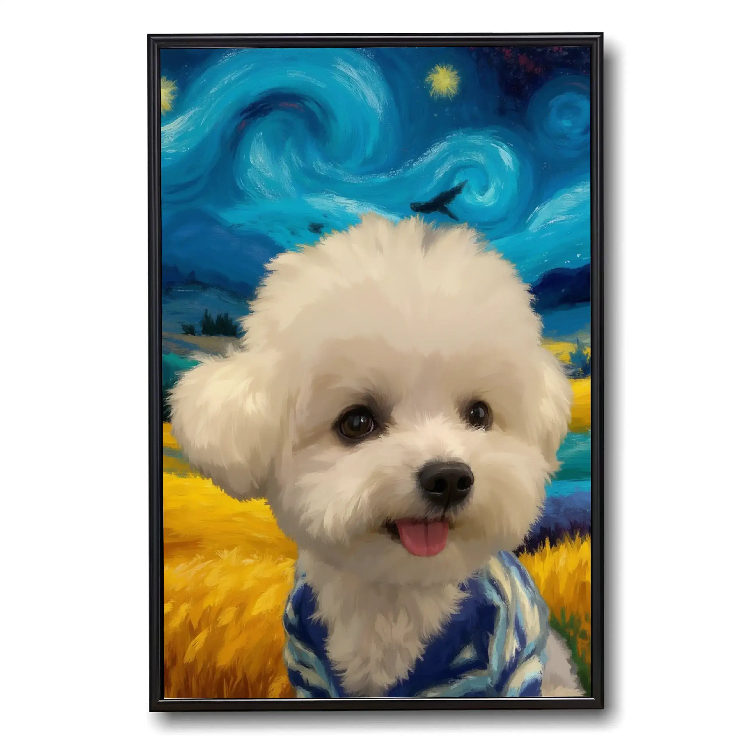 Custom pet portrait of a white fluffy dog in Van Gogh style. Personalized dog painting, pet wall art gift.