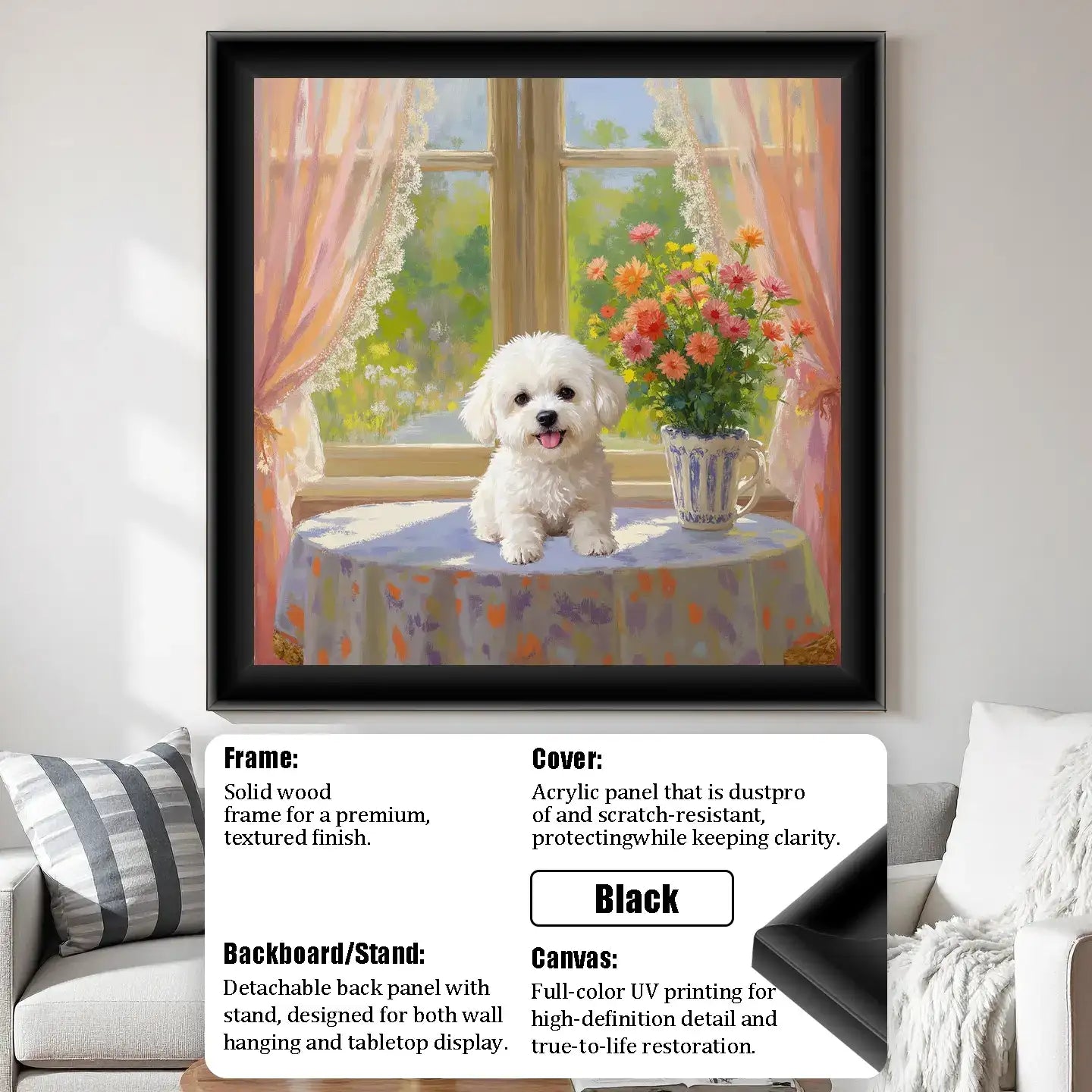Framed painting of a cute white dog, perfect custom pet portrait or personalized dog wall art gift.