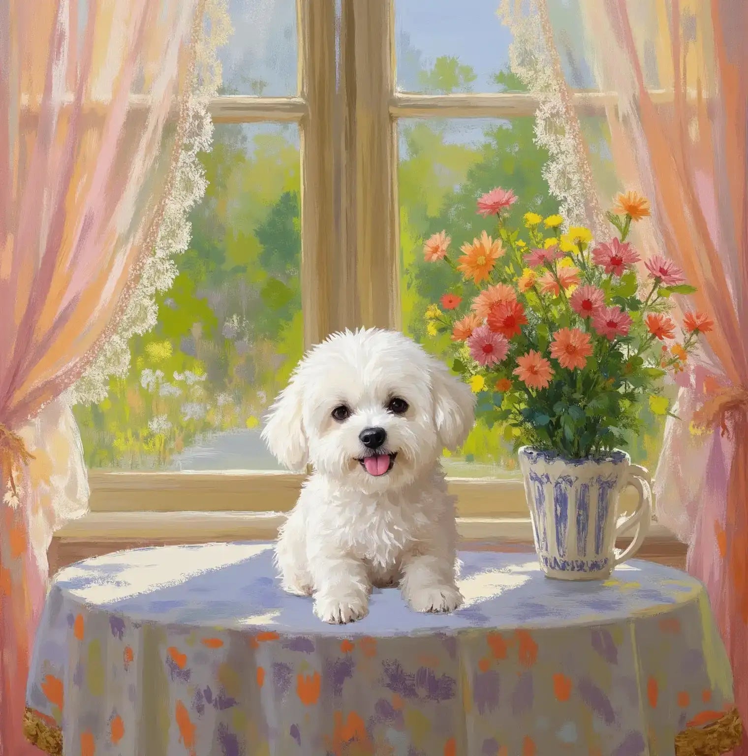 Custom pet portrait of a happy white dog, personalized dog painting. Perfect pet wall art gift by window.