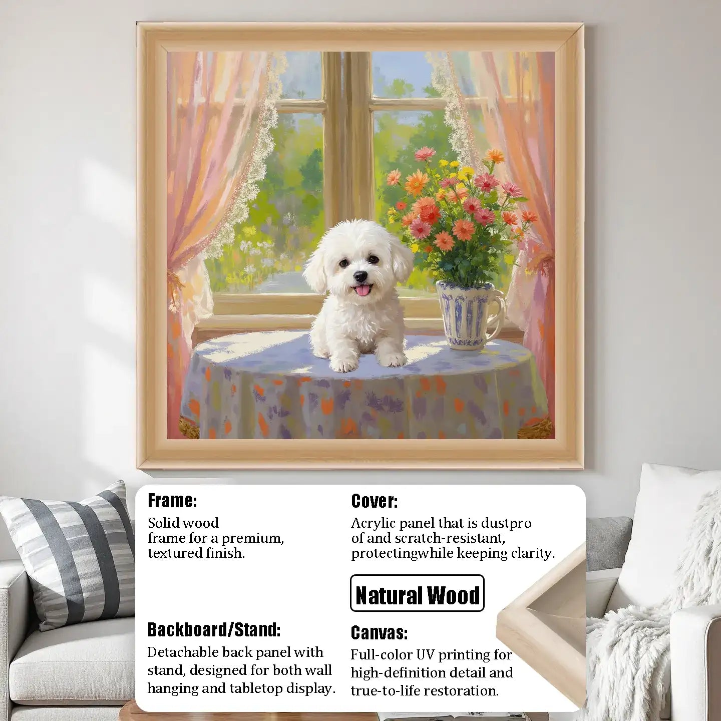 Custom pet portrait of a cute Maltese dog painting in natural wood frame, personalized dog wall art gift.