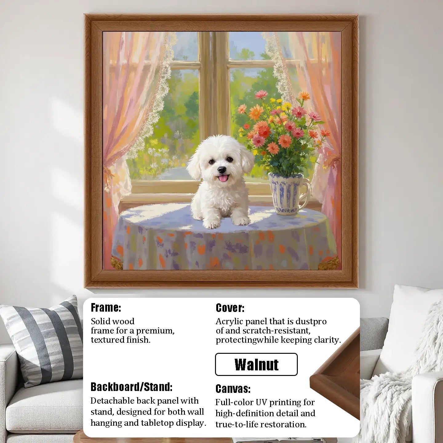 Custom pet portrait white Maltese dog art print, personalized dog painting wall art gift, framed.
