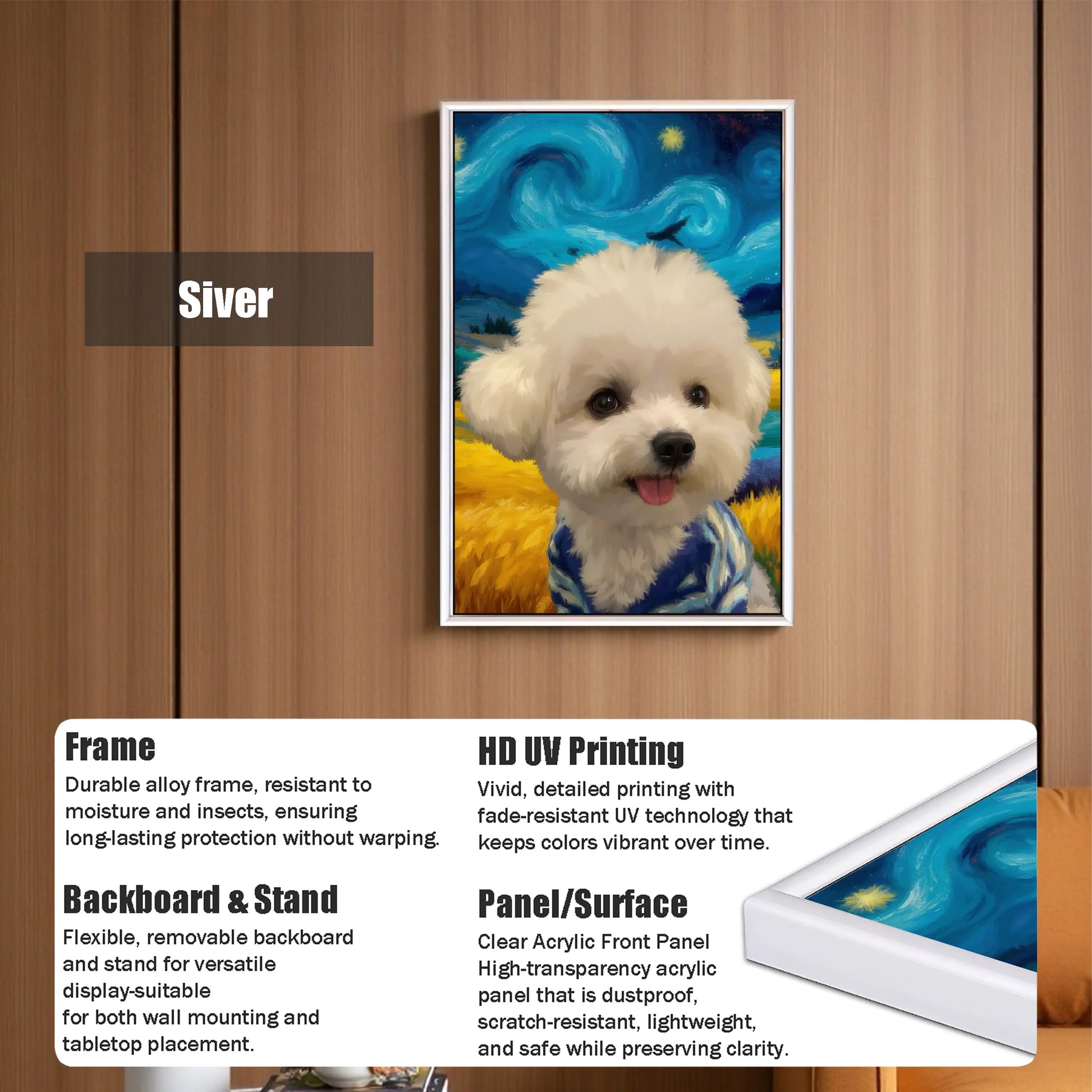 Framed custom pet portrait of a Bichon Frise in Starry Night art style. Personalized dog painting & pet wall art gift.