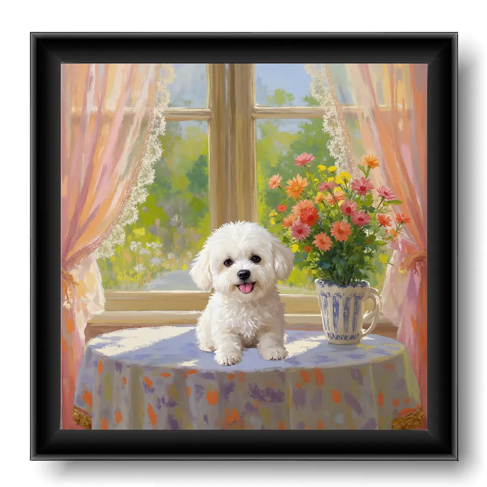 Custom pet portrait painting of a cute white Bichon Frise dog. Personalized dog wall art gift.