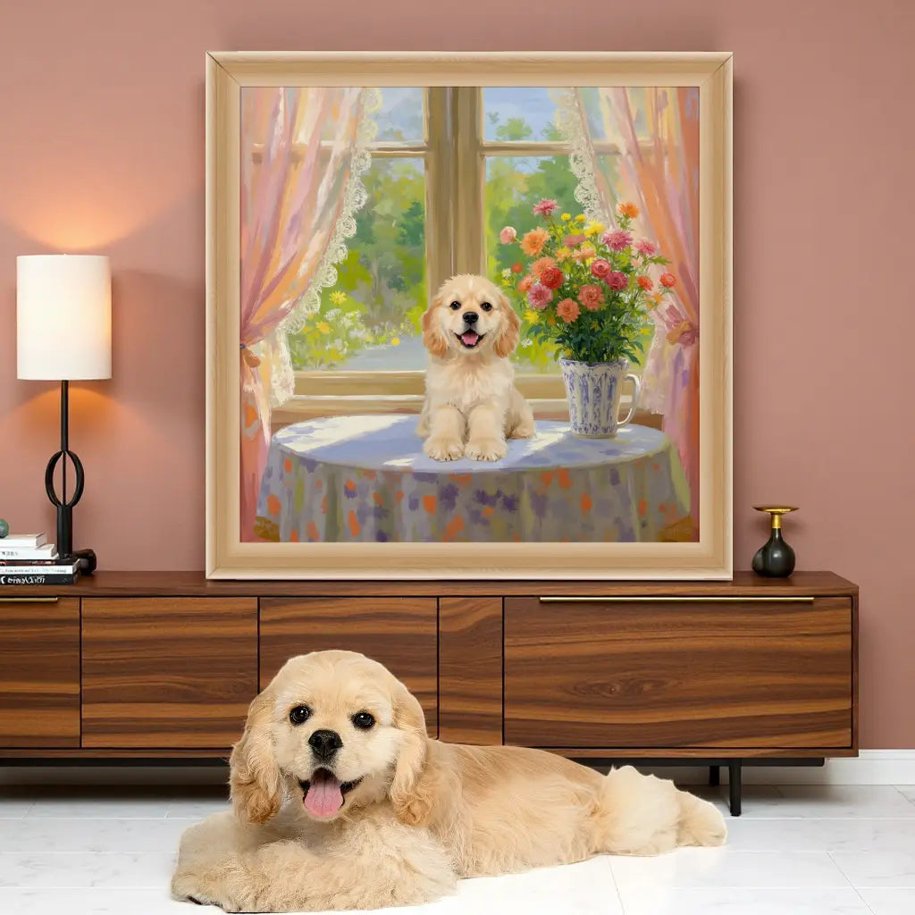 Framed custom pet portrait painting, personalized dog wall art gift. Happy golden puppy art for home decor.