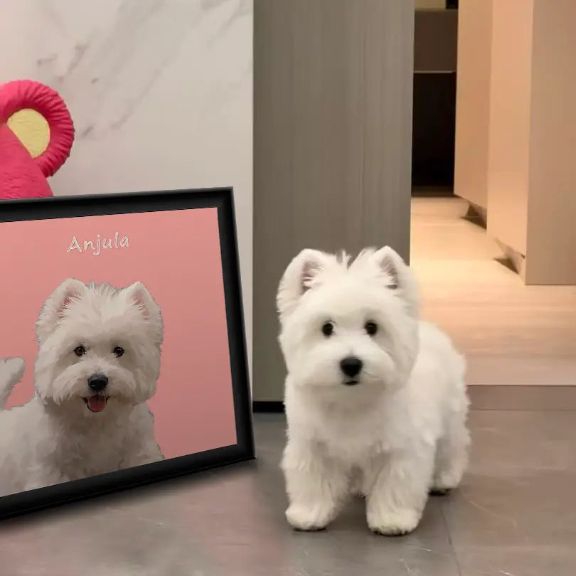 White fluffy dog with its custom pet portrait. Personalized dog painting art and pet wall art gift for dog lovers.