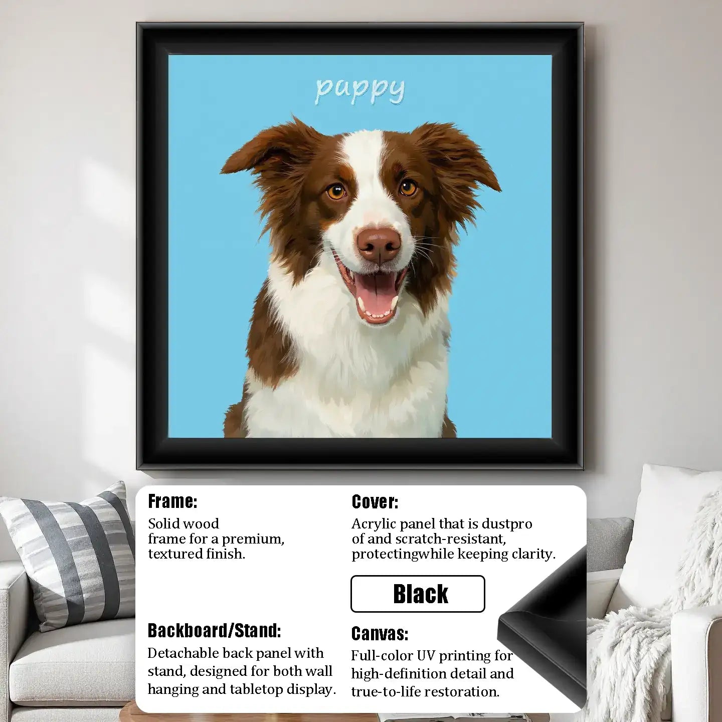 Custom pet portrait painting, personalized dog wall art of a Border Collie, framed pet gift.