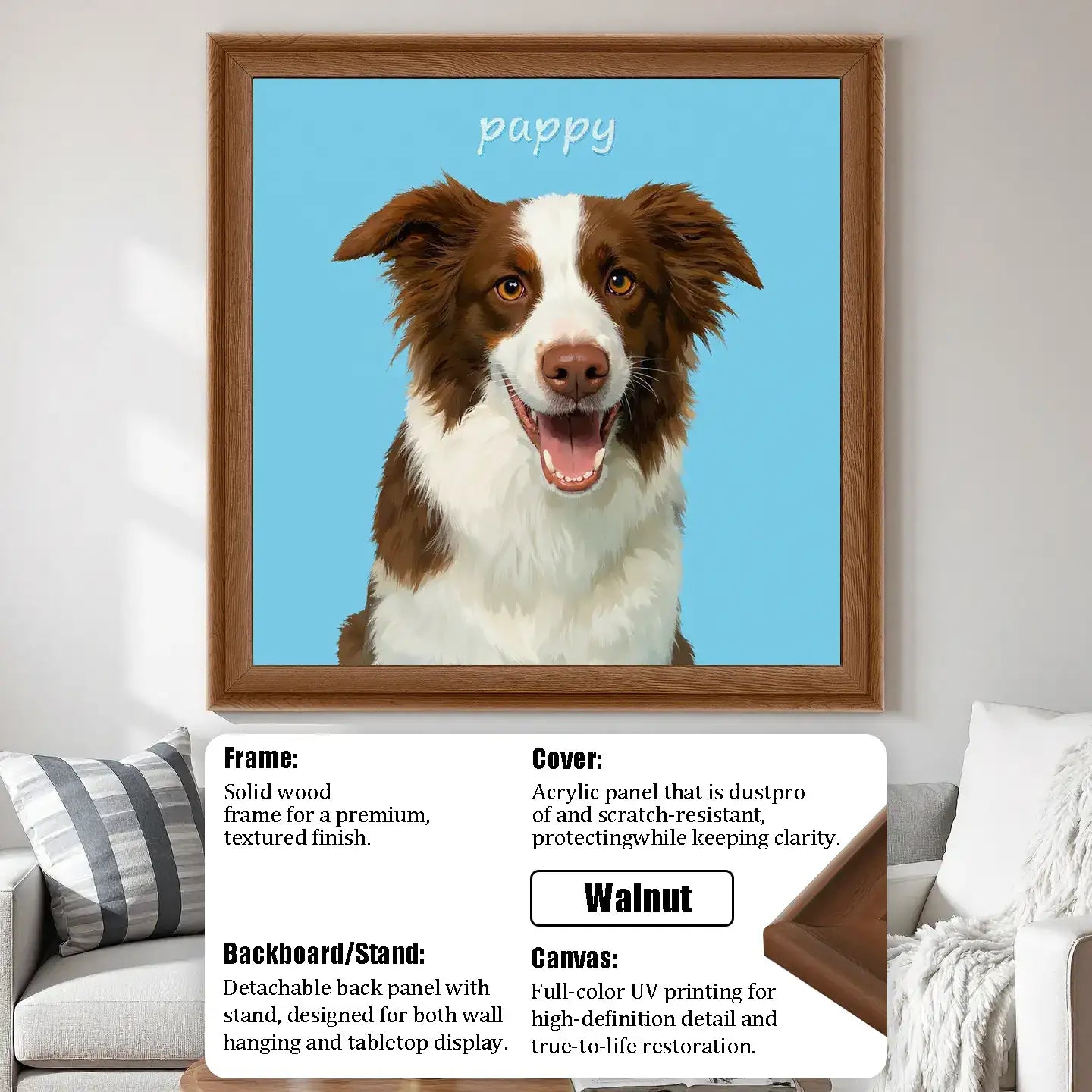 Custom pet portrait, personalized Border Collie dog painting in a walnut frame, pet wall art, dog lover gift.