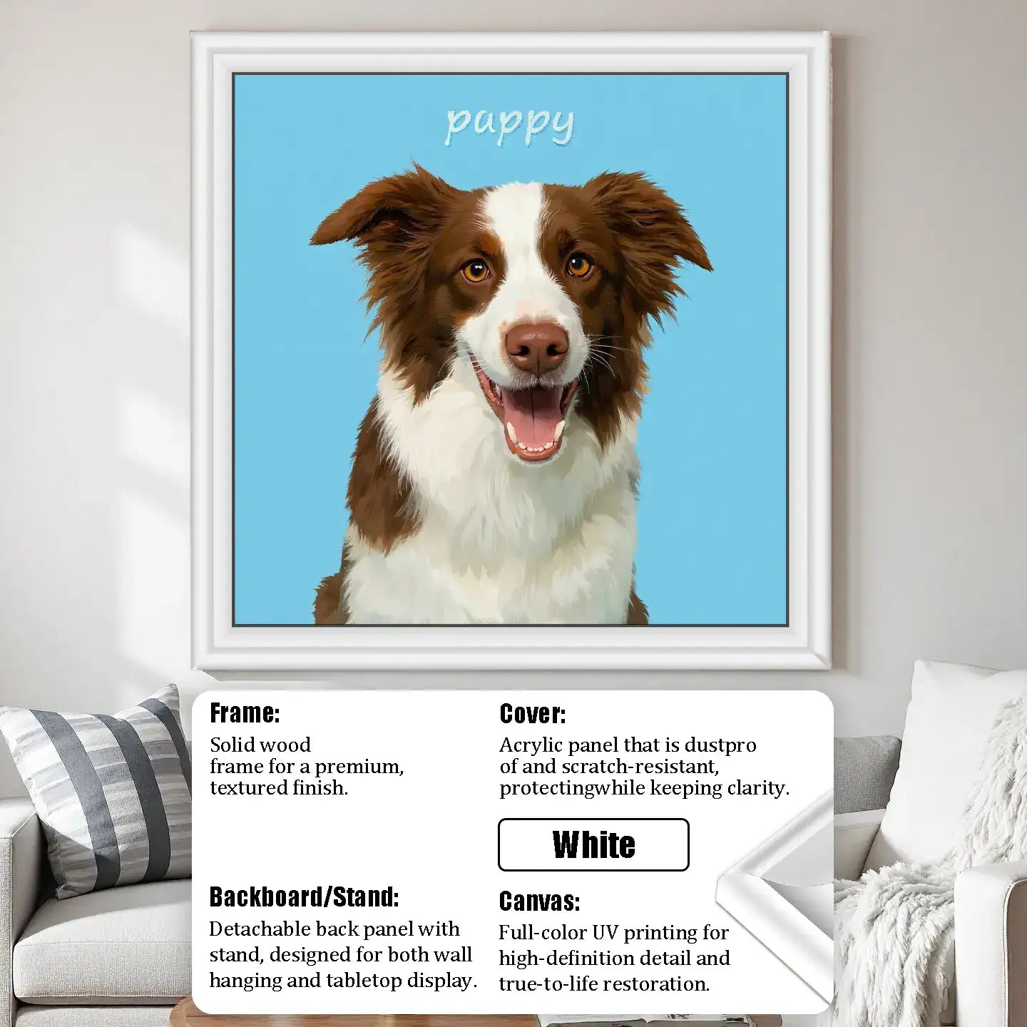 Custom pet portrait of happy Border Collie dog, personalized 'Pappy' dog painting, pet wall art gift framed white.