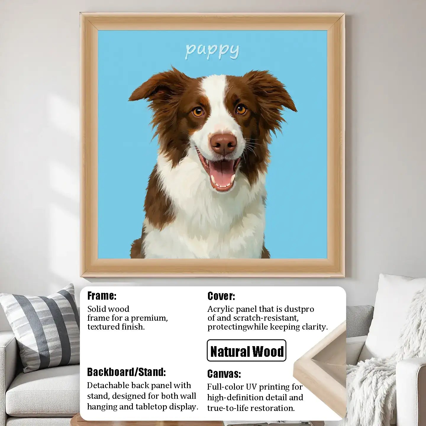 Custom pet portrait of 'pappy' dog, natural wood frame. Personalized dog painting, unique pet wall art gift.
