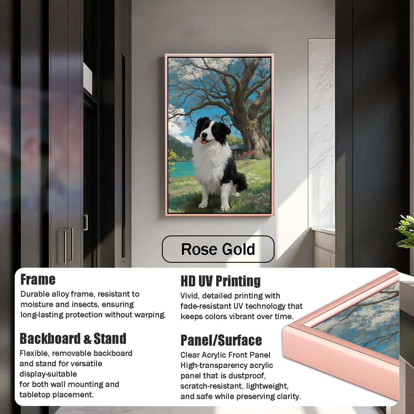 Custom Border Collie pet portrait, personalized dog painting with a rose gold frame, perfect pet wall art gift.