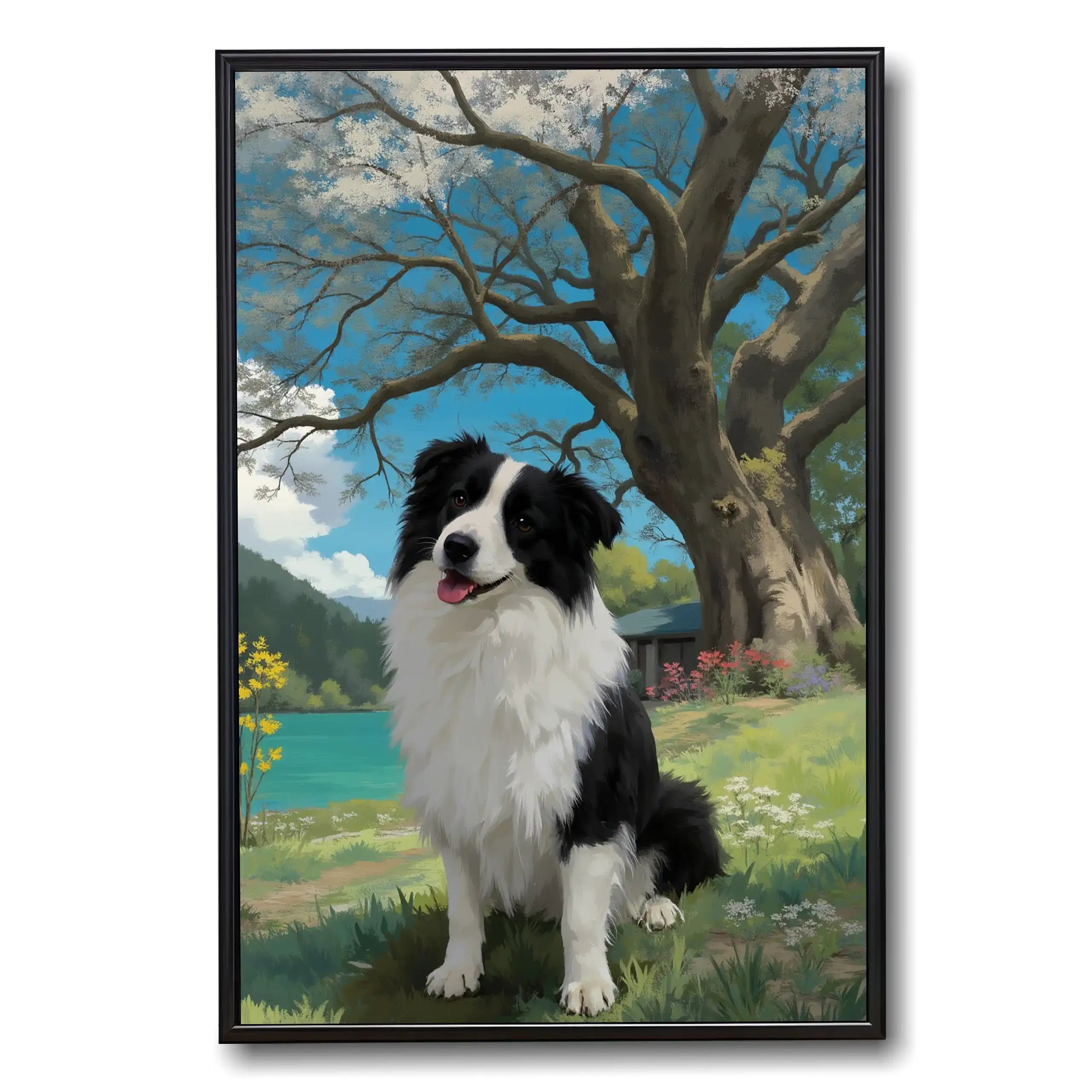 Custom Border Collie pet portrait painting. Personalized dog wall art gift, happy dog in a vibrant landscape.