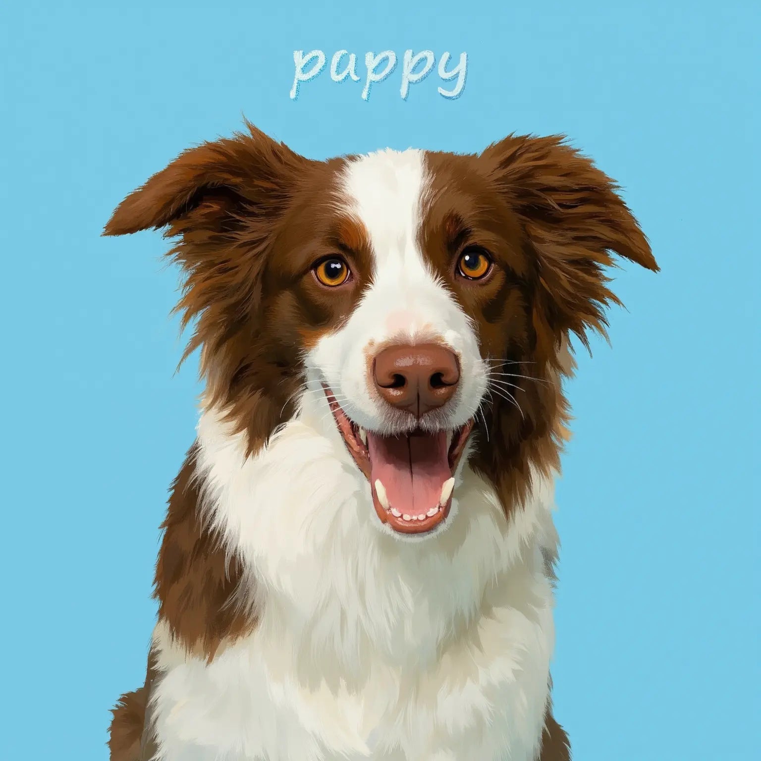 Custom pet portrait of a happy brown & white dog. Personalized dog painting, ideal pet wall art gift.