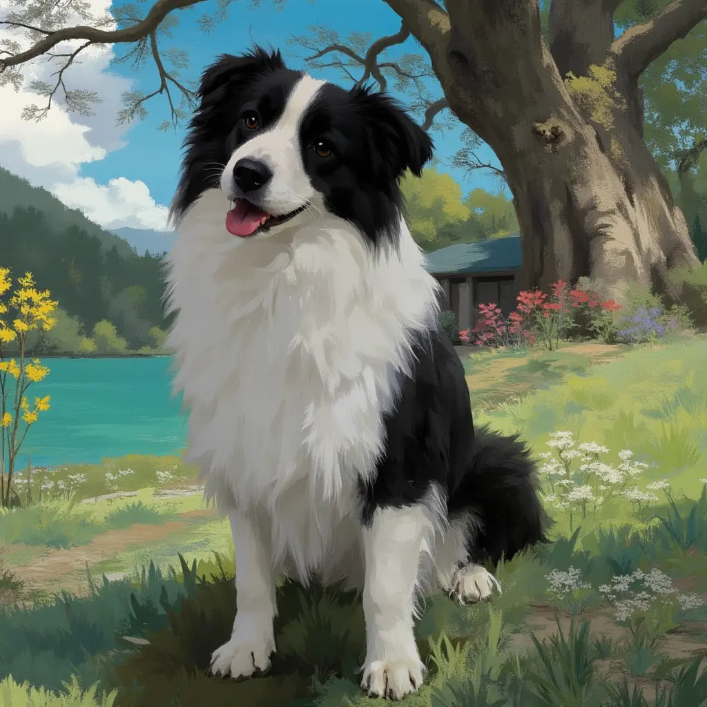 Custom pet portrait painting of a happy Border Collie dog. Personalized dog wall art gift.