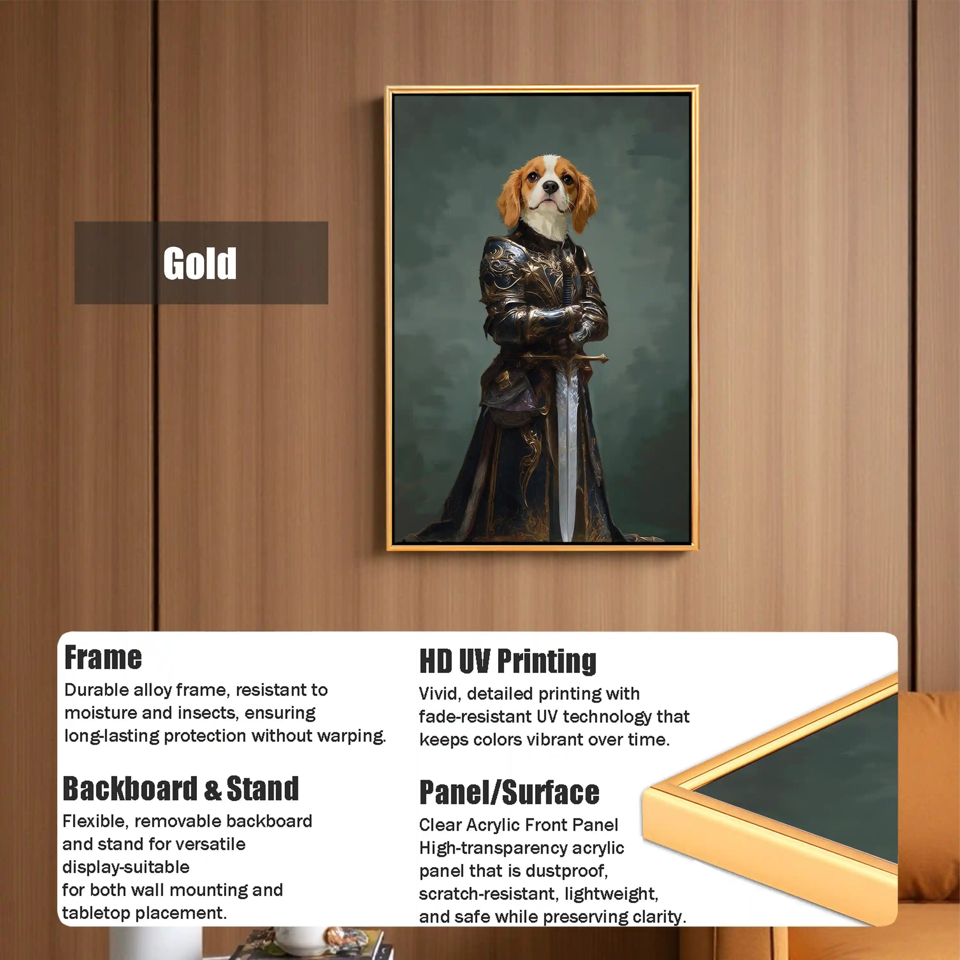 Gold alloy framed pet portrait of a dog in ornate armor, with HD UV printing, clear acrylic panel, and a stand for versatile wall or tabletop display.