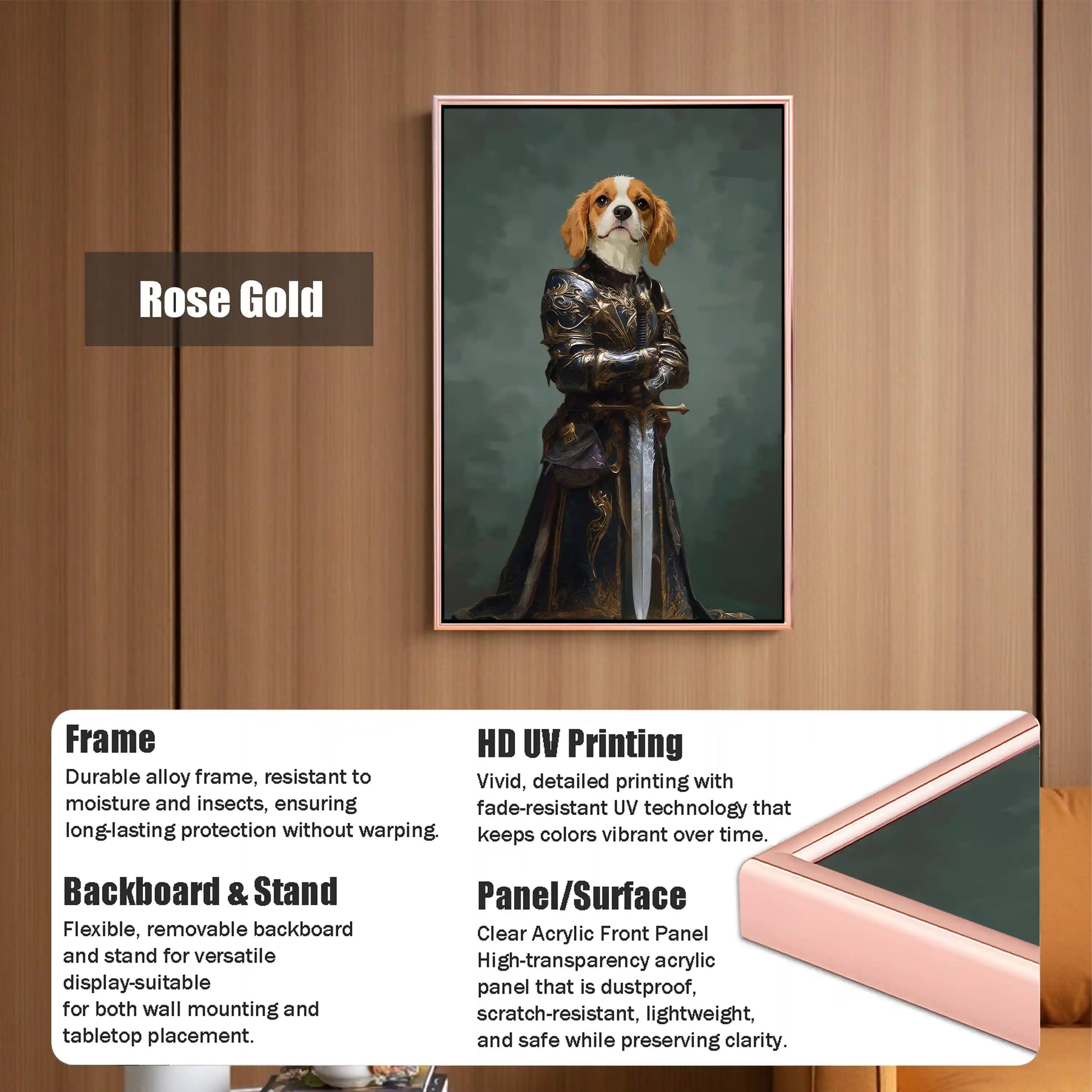 Cavalier King Charles Spaniel knight dog portrait framed wall art with rose gold durable alloy frame, clear acrylic front, HD UV print, and versatile display stand.