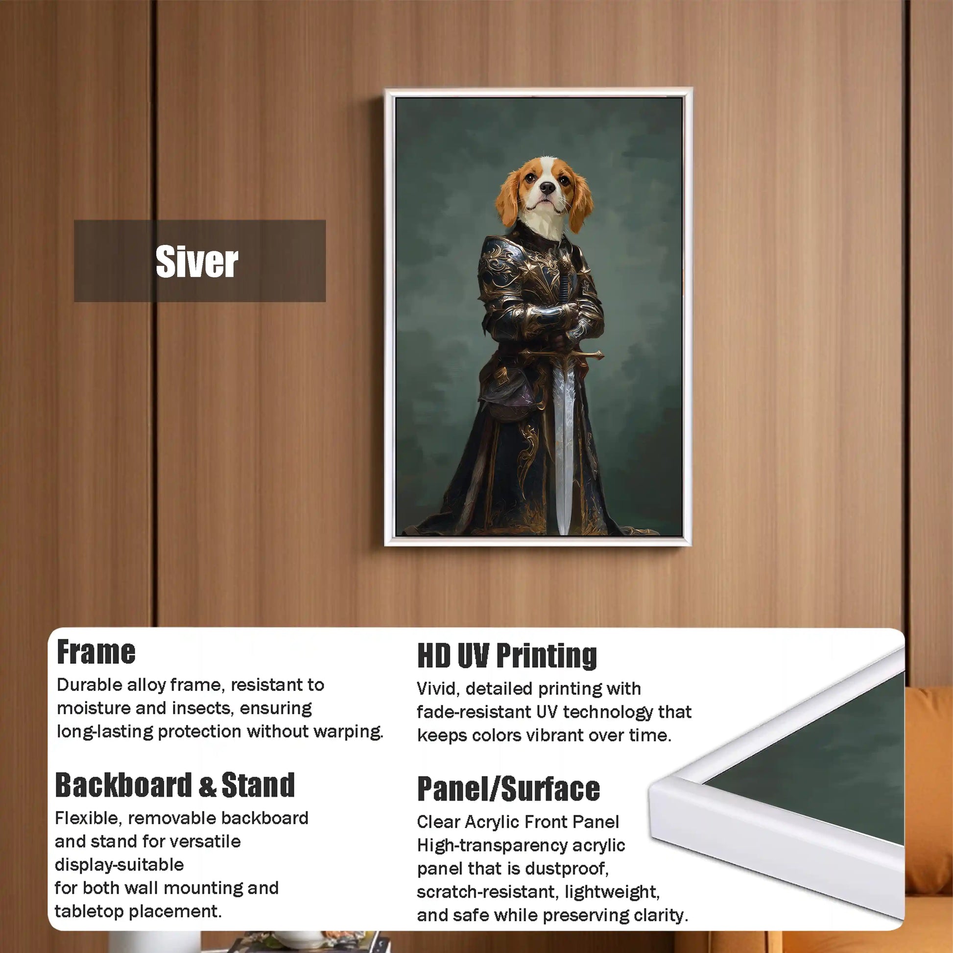 Framed pet portrait of a Cavalier King Charles Spaniel dog in knight armor holding a sword. Features durable alloy frame, clear acrylic panel, and fade-resistant UV printing for wall or tabletop display.