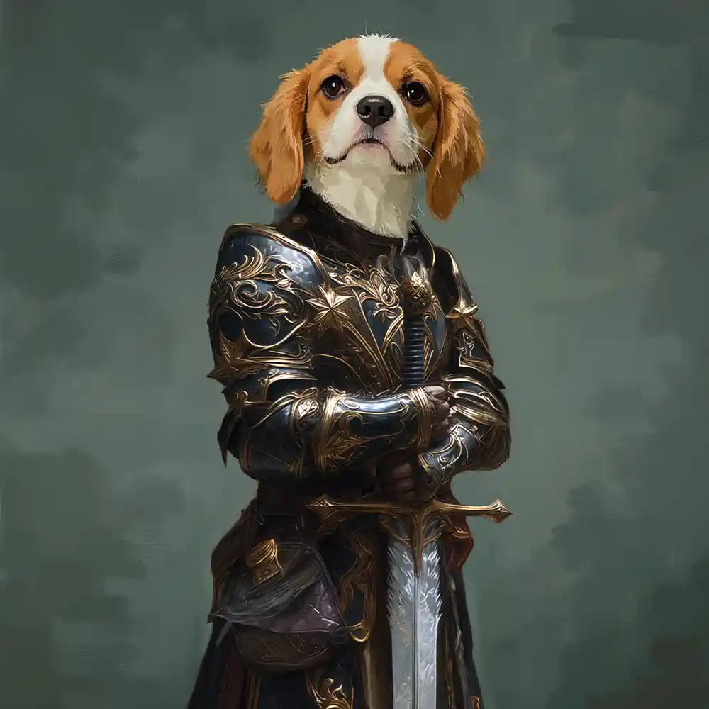 Cavalier King Charles Spaniel dog in ornate dark and gold fantasy knight armor holding a sword.