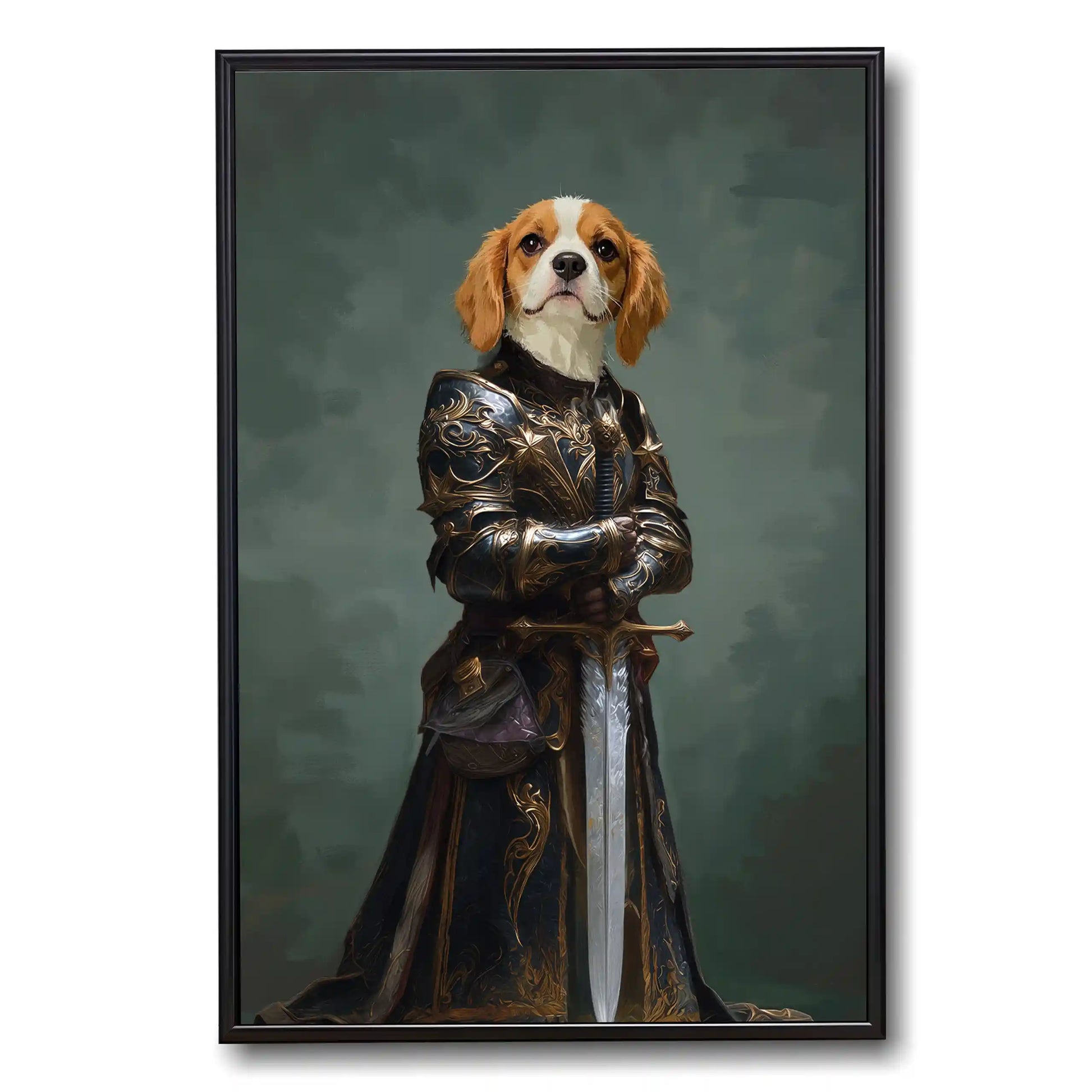 Framed Cavalier King Charles Spaniel dog portrait painting in medieval armor holding a sword.
