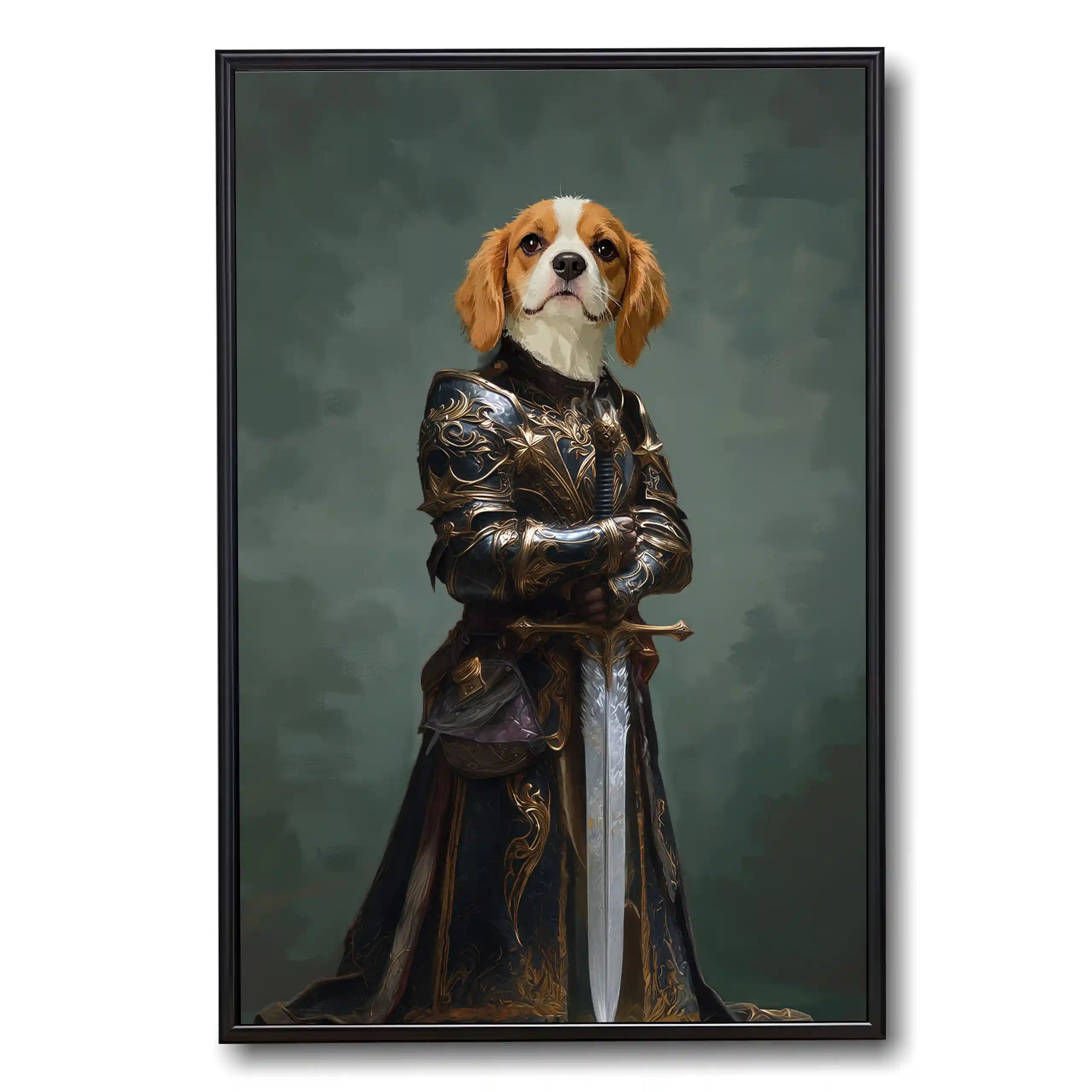 Framed Cavalier King Charles Spaniel dog portrait painting in medieval armor holding a sword.