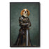 Framed Cavalier King Charles Spaniel dog portrait painting in medieval armor holding a sword.