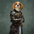 Cavalier King Charles Spaniel dog in ornate dark and gold fantasy knight armor holding a sword.