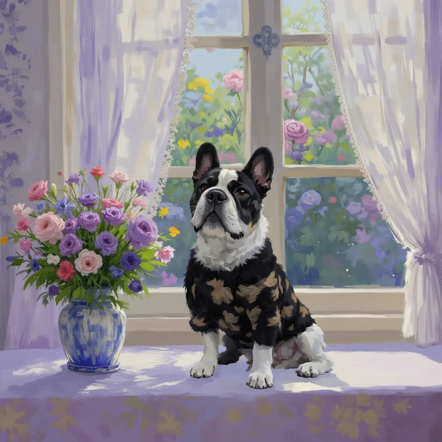 Custom French Bulldog portrait. Personalized dog painting, ideal pet wall art gift, charming garden scene with flowers.
