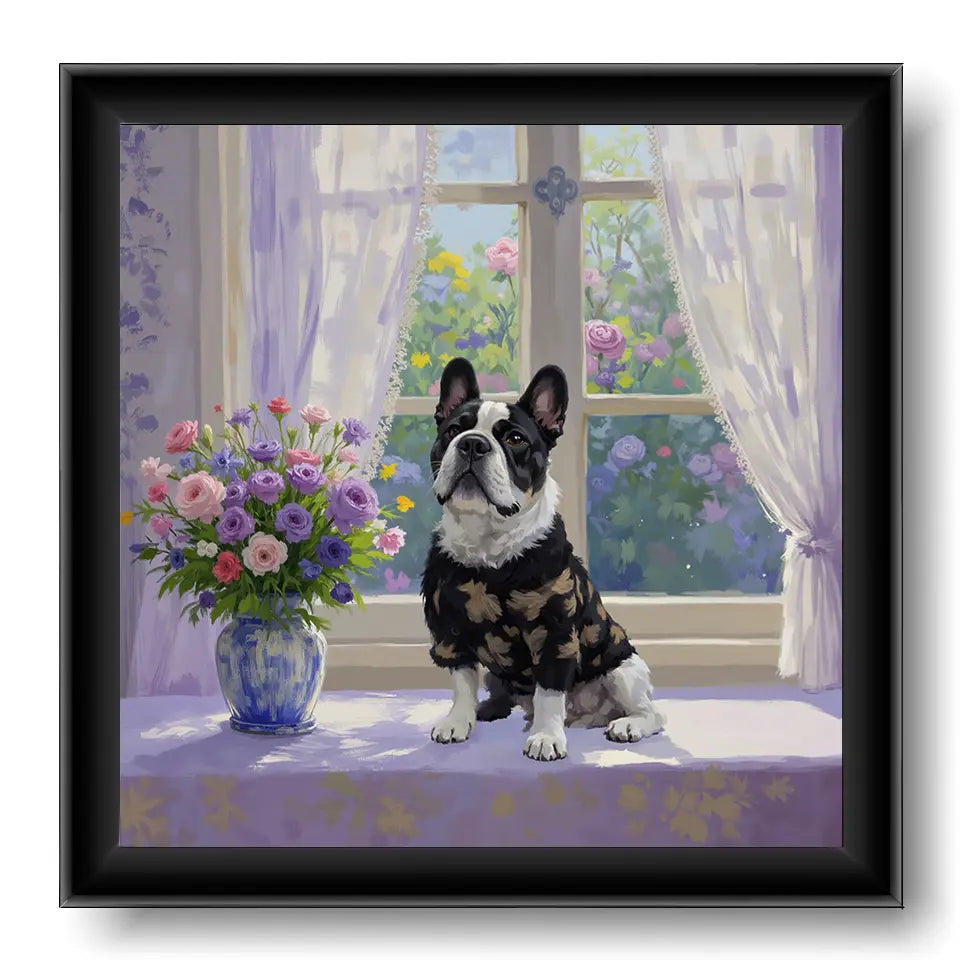 Personalized French Bulldog painting in a charming garden window, custom pet portrait wall art gift.