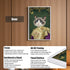 White framed art print of a regal cat in a golden and purple royal outfit, featuring HD UV printing on a clear acrylic panel and a versatile display stand.