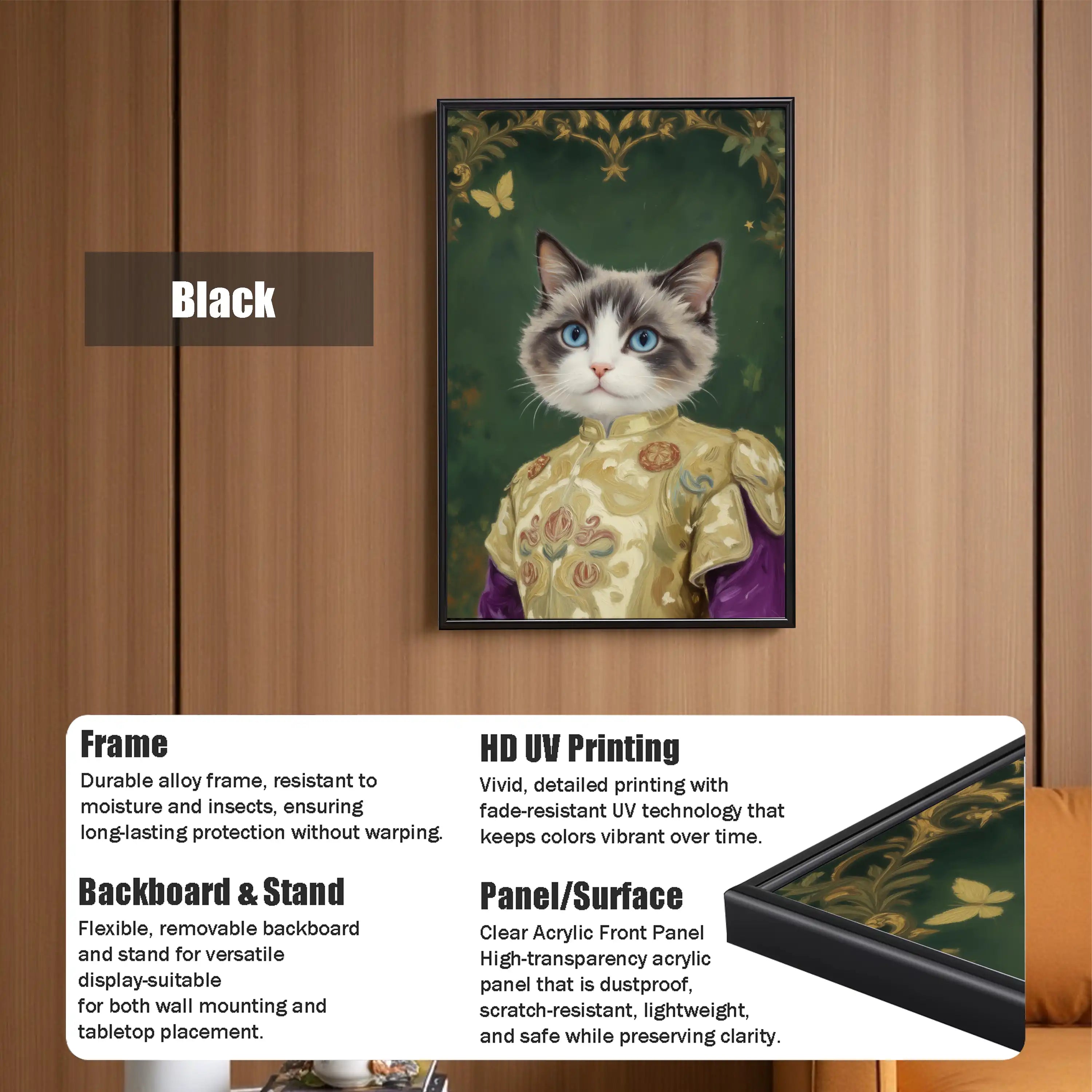 Funny royal cat pet portrait art print with a black frame and clear acrylic panel, featuring HD UV printing.
