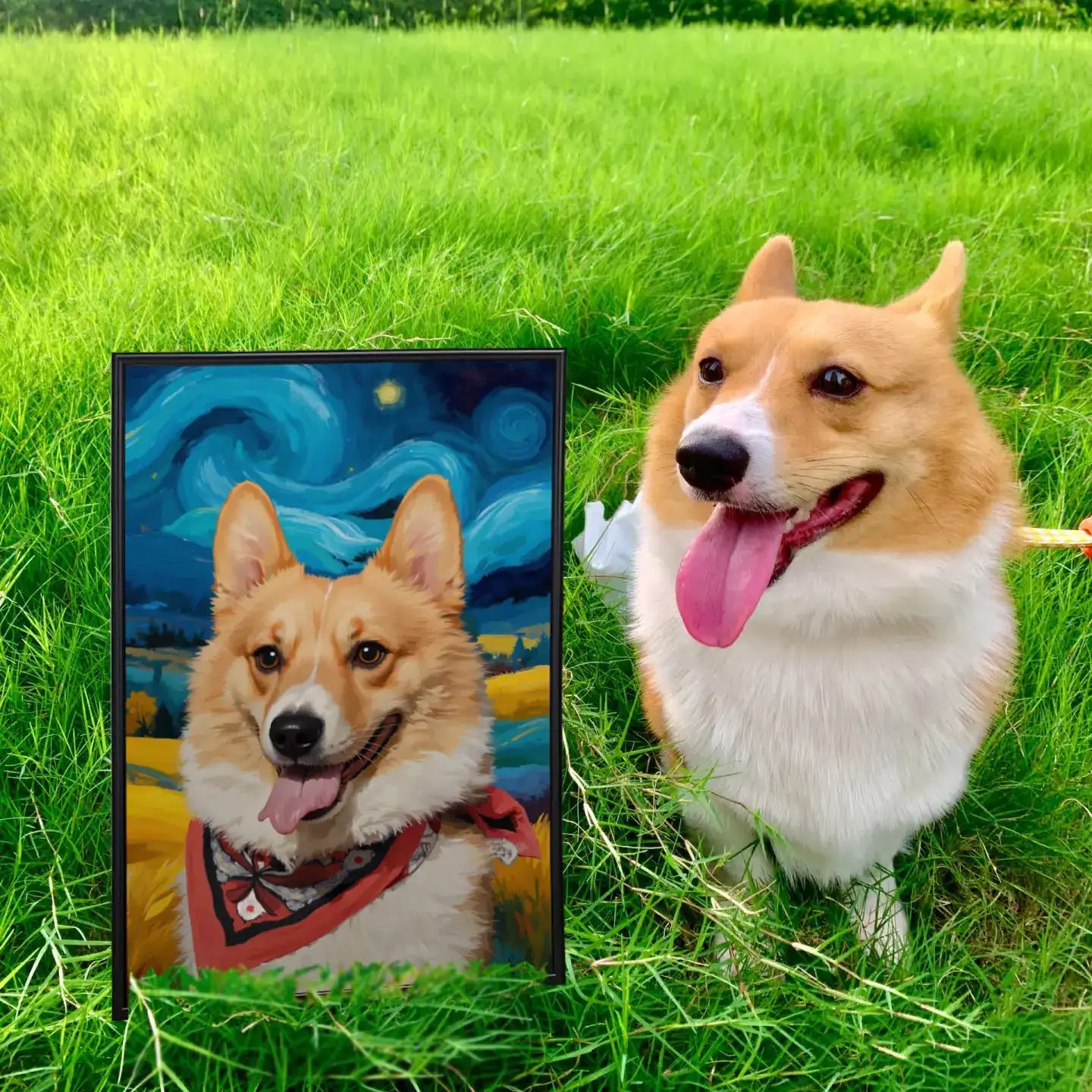 Custom pet portrait painting of a Corgi in Starry Night style next to the real dog. Personalized dog wall art gift.
