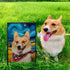 Custom pet portrait painting of a Corgi in Starry Night style next to the real dog. Personalized dog wall art gift.
