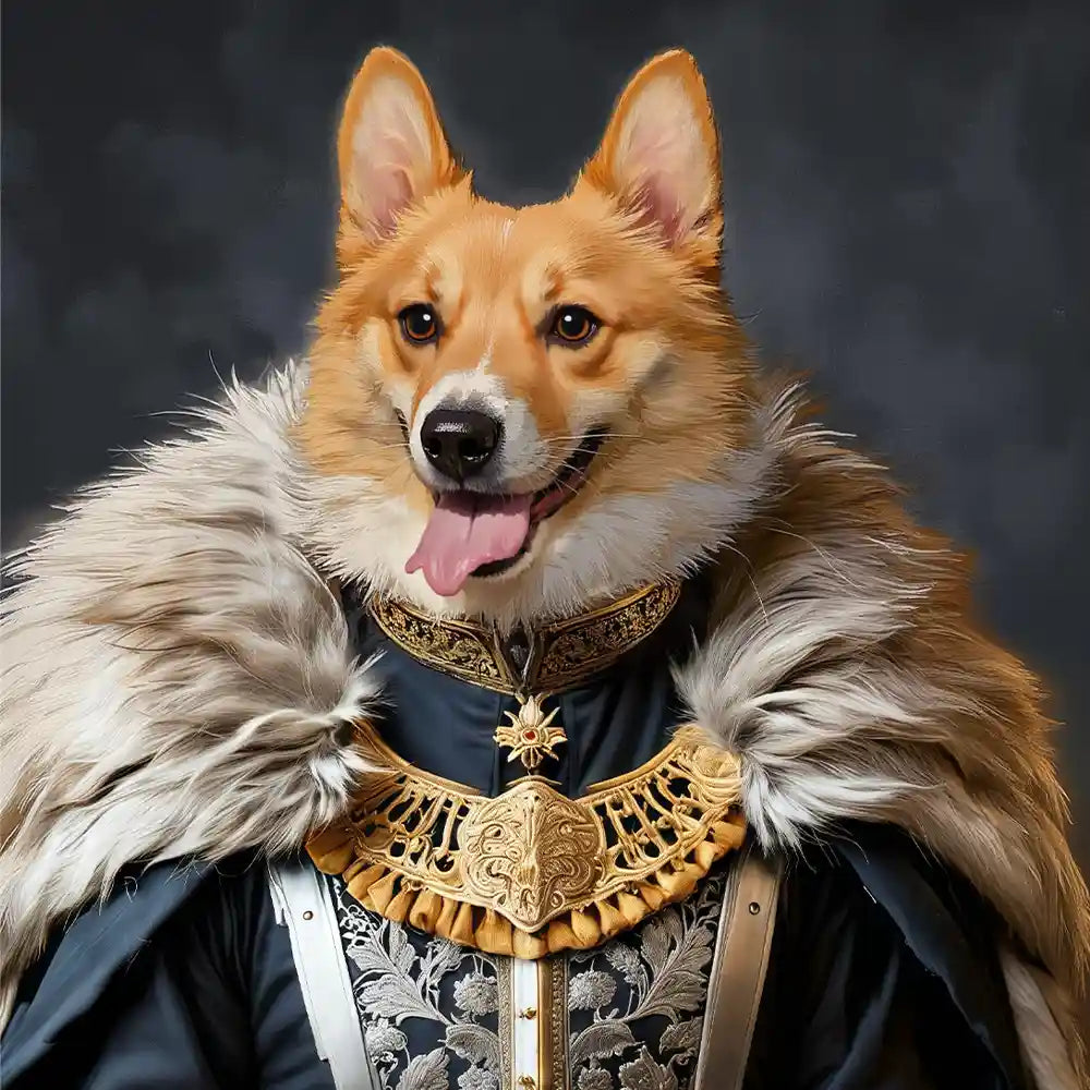 Regal Corgi dog portrait in historical noble attire with fur mantle and ornate gold necklace.